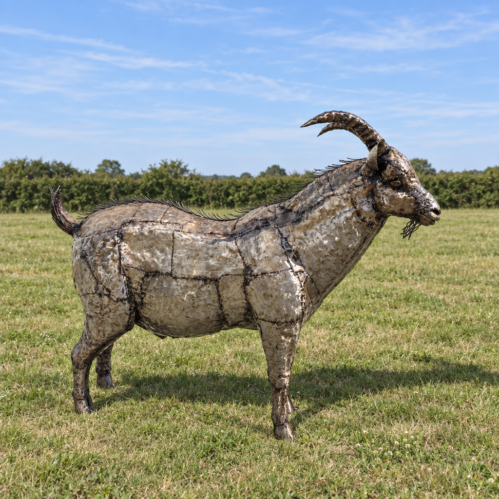 Goat Sculpture, three-quarter view in an outdoor setting