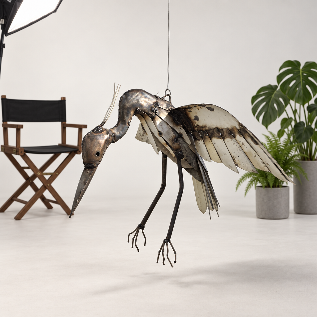 Hanging Heron Sculpture, three-quarter view in the studio