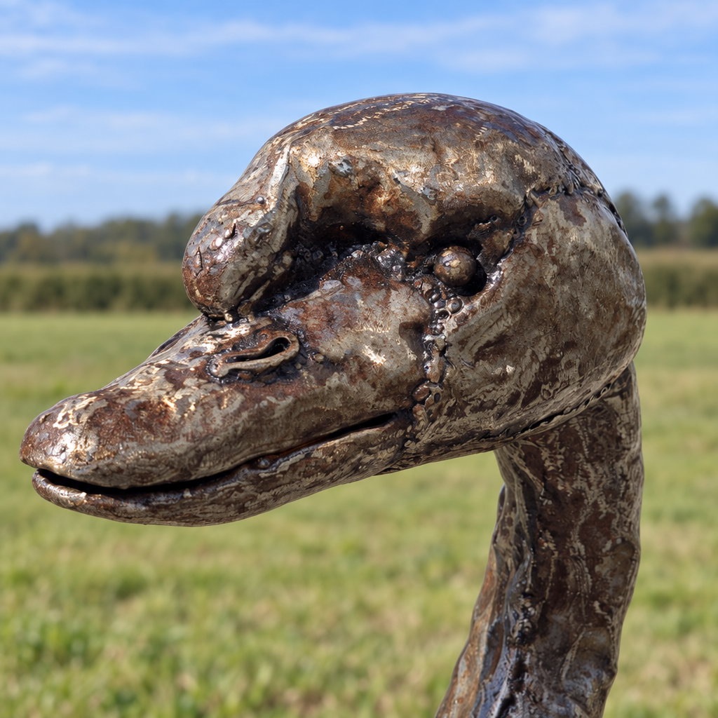 Swan Sculpture - Folded Wings, close-up of the head and metalwork