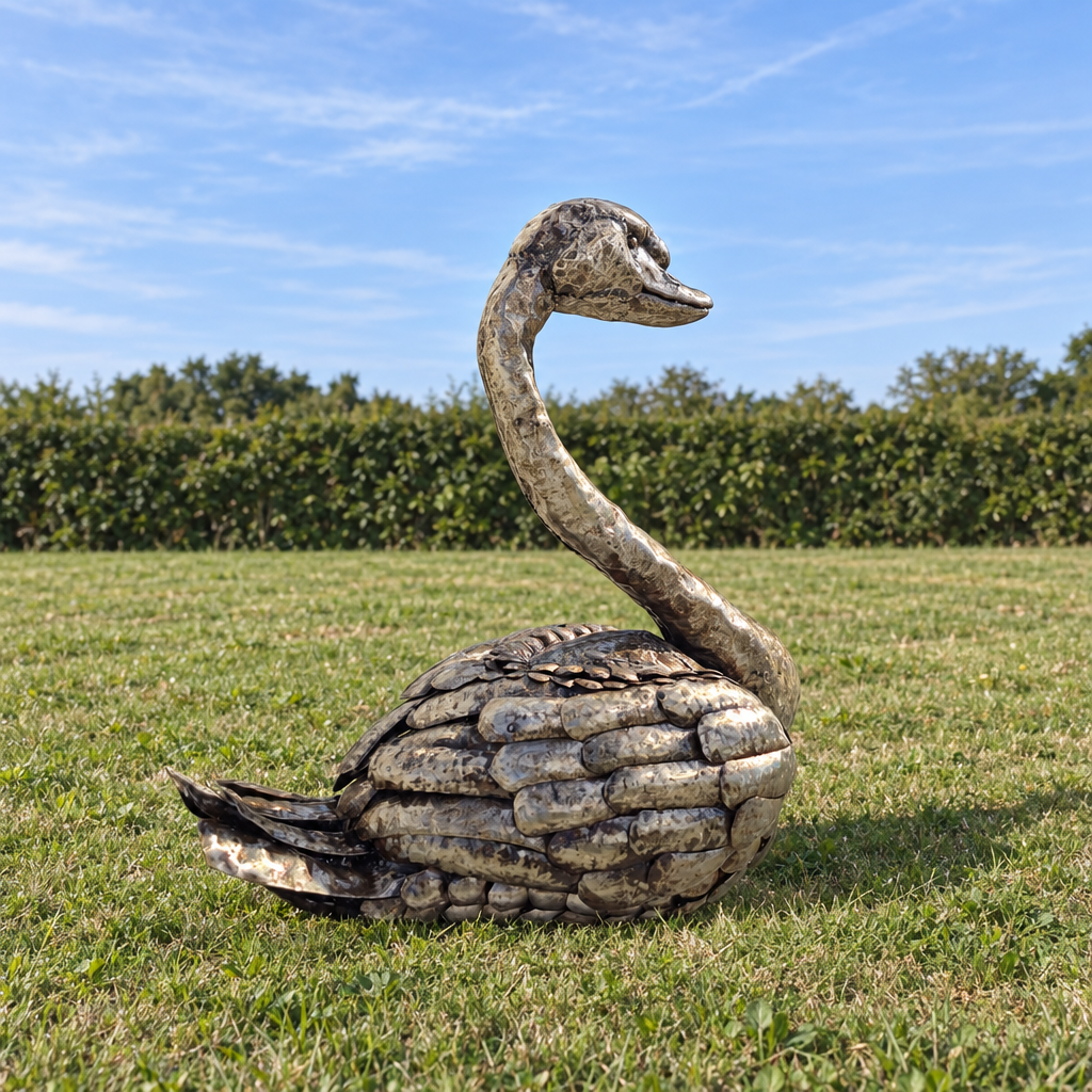 Swan Sculpture - Folded Wings, three-quarter view in an outdoor setting