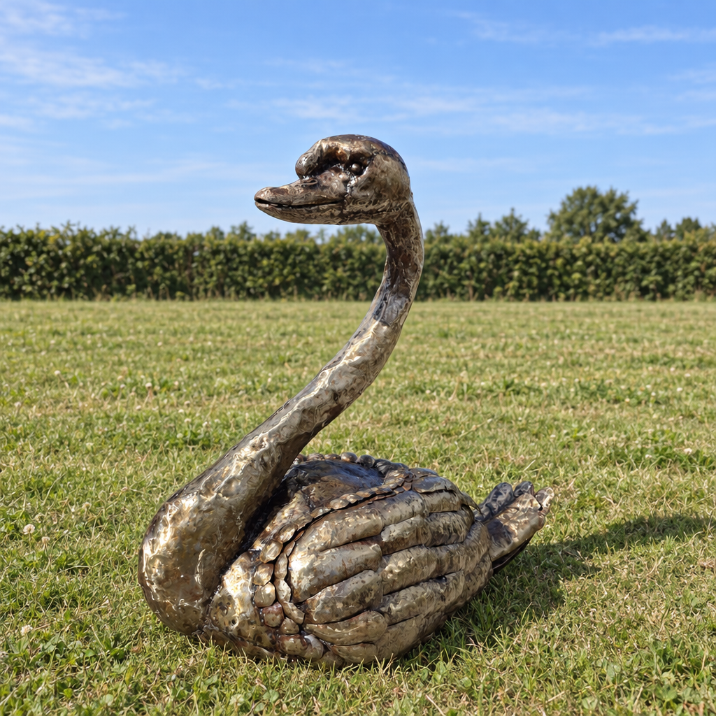 Swan Sculpture - Folded Wings, rear view in an outdoor setting