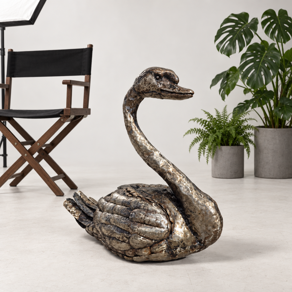 Swan Sculpture - Folded Wings, front view in the studio