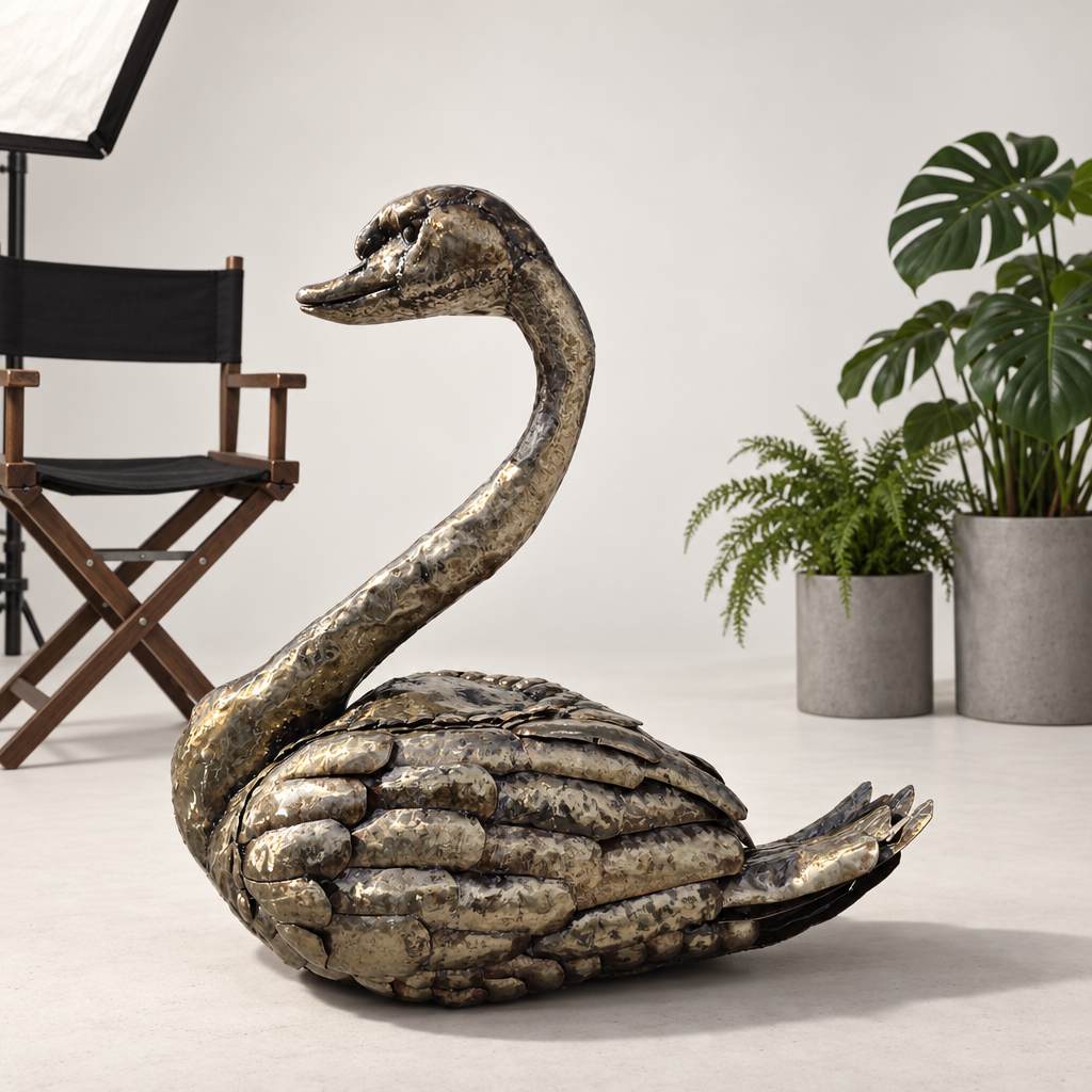 Swan Sculpture - Folded Wings, three-quarter view in the studio