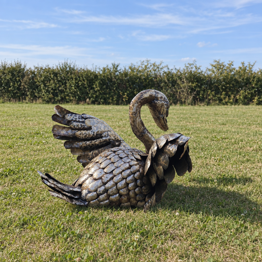 Swan Sculpture - Wings Out, three-quarter view in an outdoor setting
