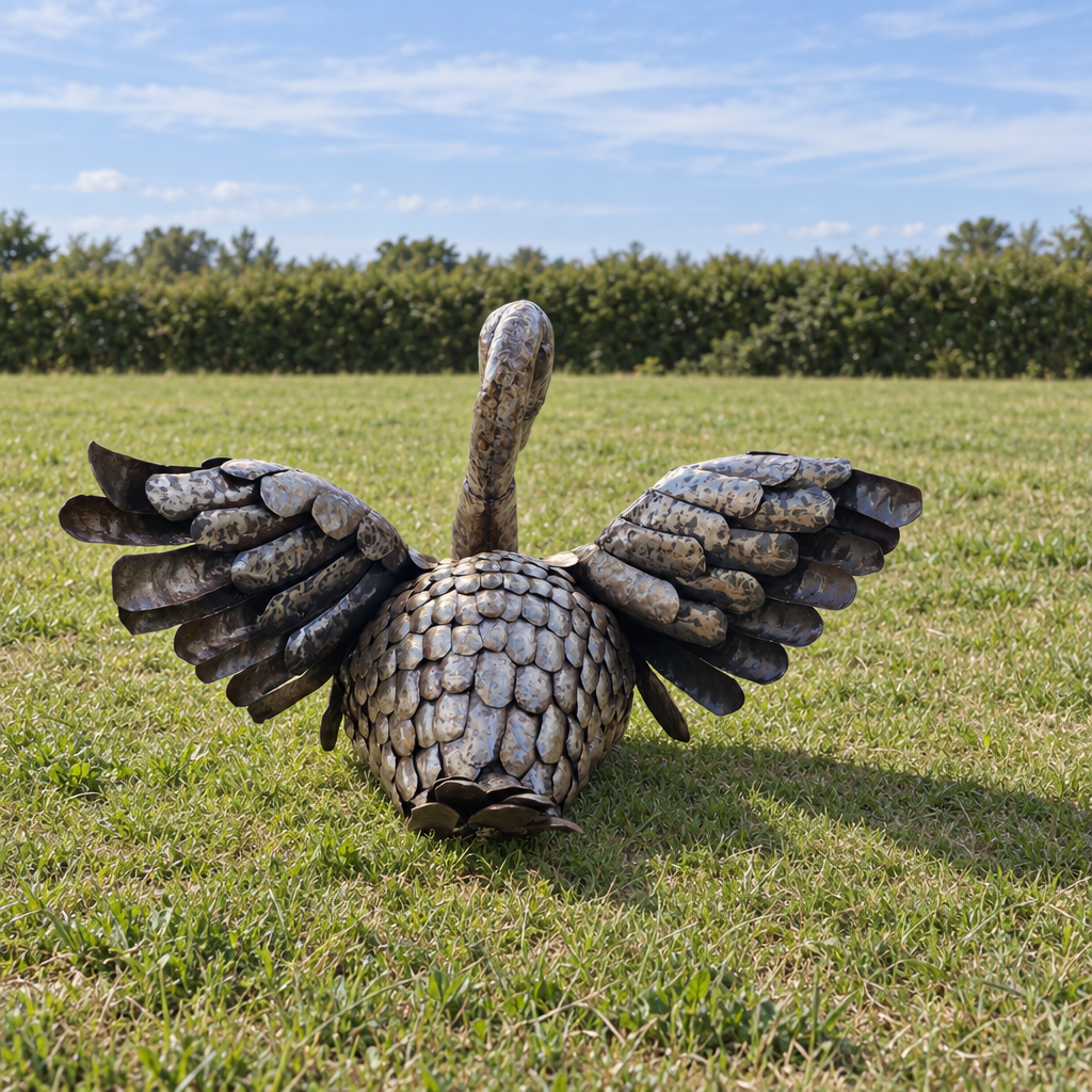 Swan Sculpture - Wings Out, rear view in an outdoor setting