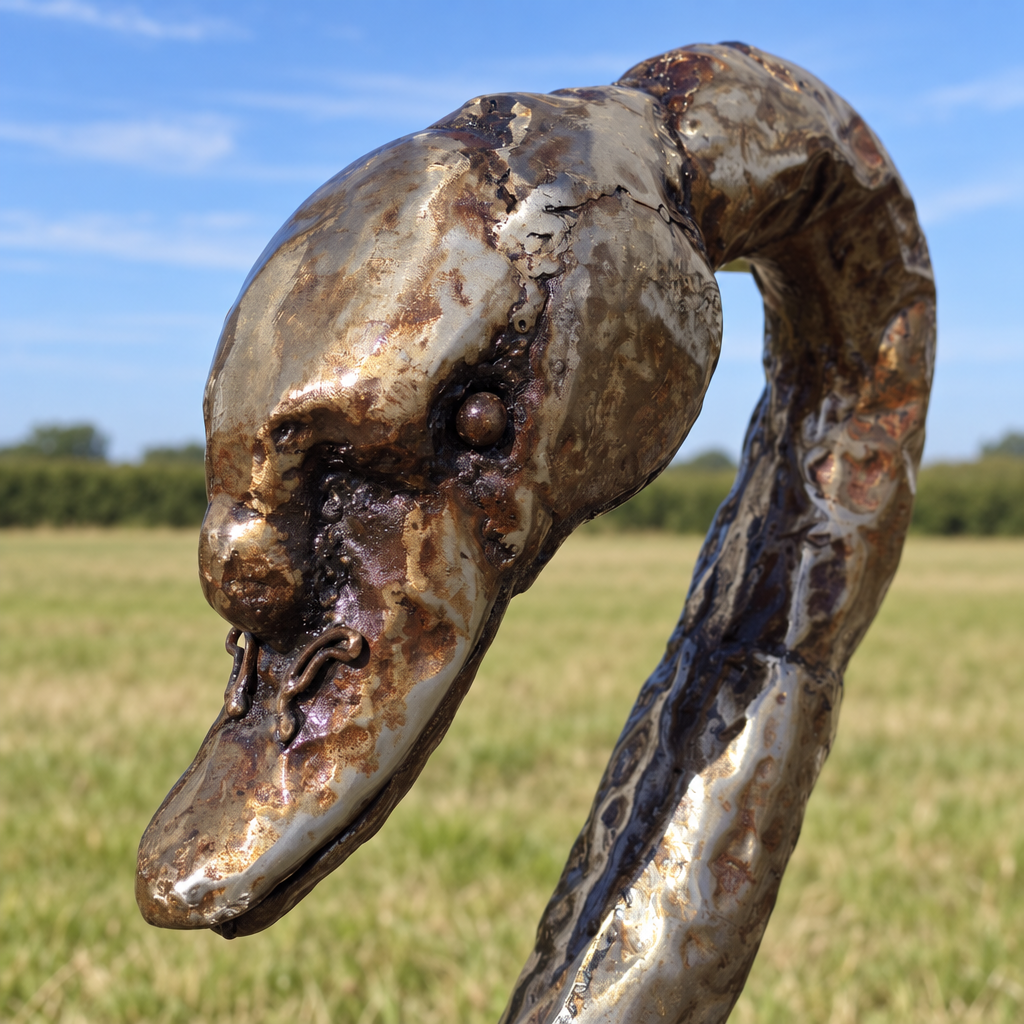 Swan Sculpture - Folded Wings and Raised Tail, close-up of the head and metalwork
