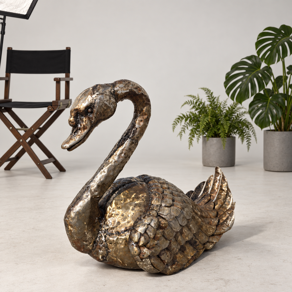 Swan Sculpture - Folded Wings and Raised Tail, three-quarter view in the studio