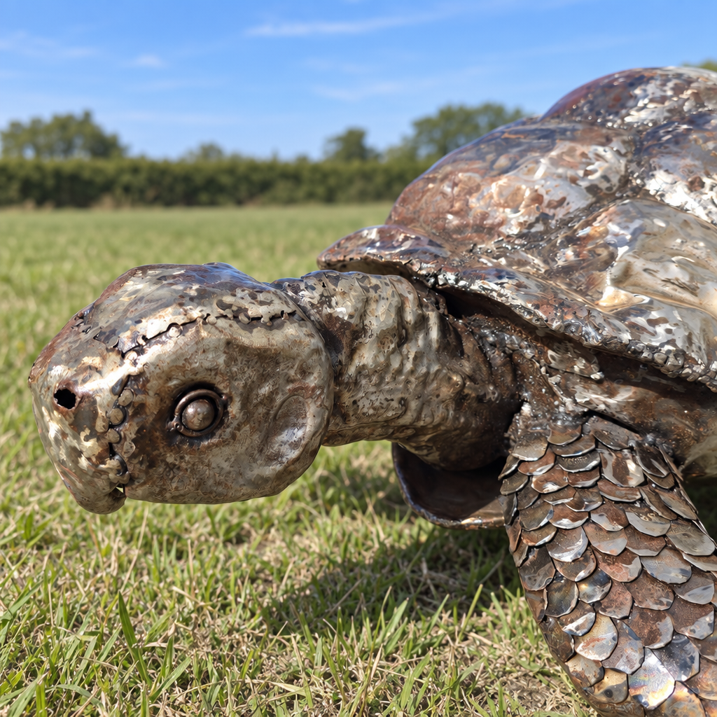 Tortoise Sculpture, close-up of the head and metalwork