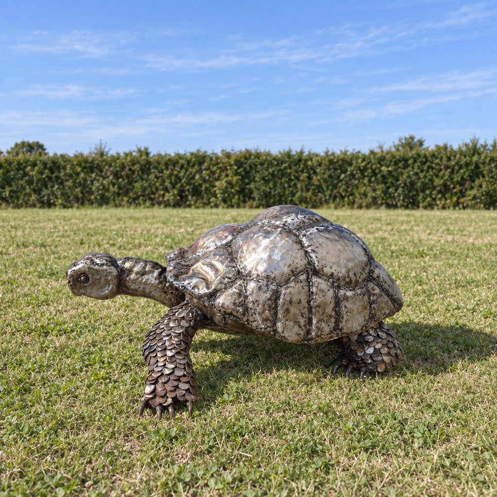 Tortoise Sculpture, three-quarter view in an outdoor setting