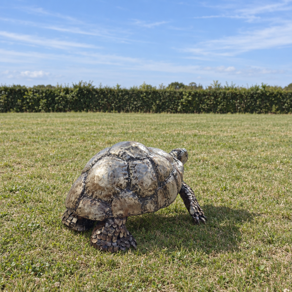 Tortoise Sculpture, rear view in an outdoor setting