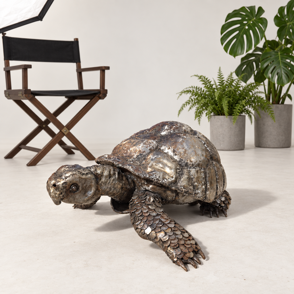 Tortoise Sculpture, three-quarter view in the studio