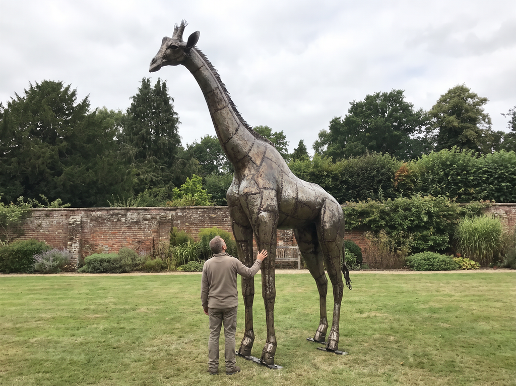 Person standing beside a large welded-steel giraffe sculpture to show its scale.