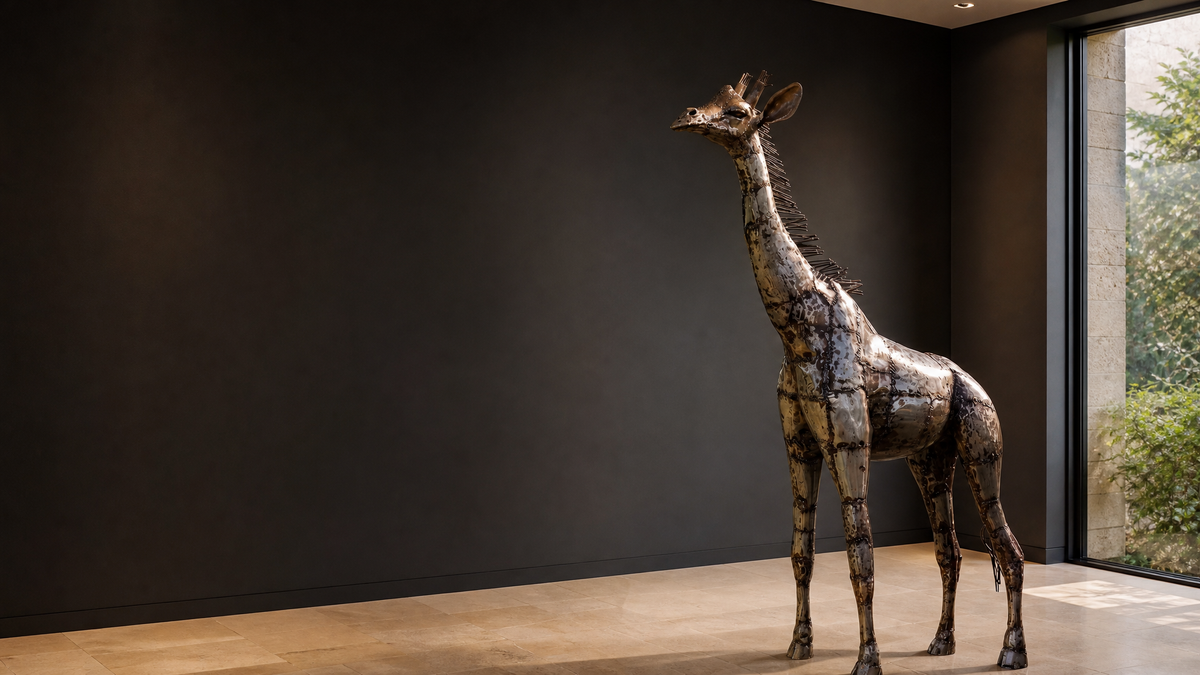 Hand-forged Pangea giraffe sculpture standing in a private gallery beside a garden window