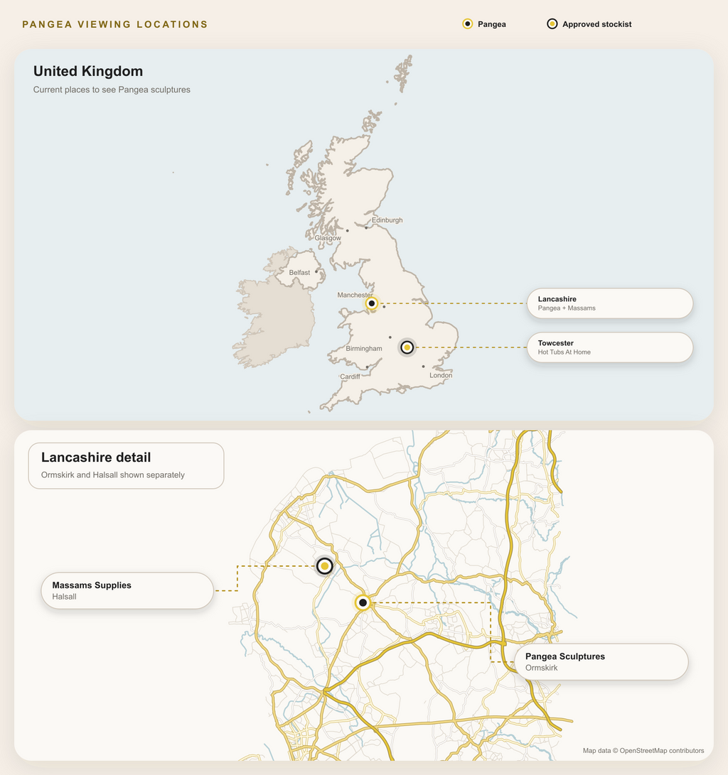 Simplified map of the United Kingdom showing the Lancashire viewing area and Hot Tubs At Home in Towcester, with a separate Lancashire detail marking Pangea Sculptures and Massams Supplies.