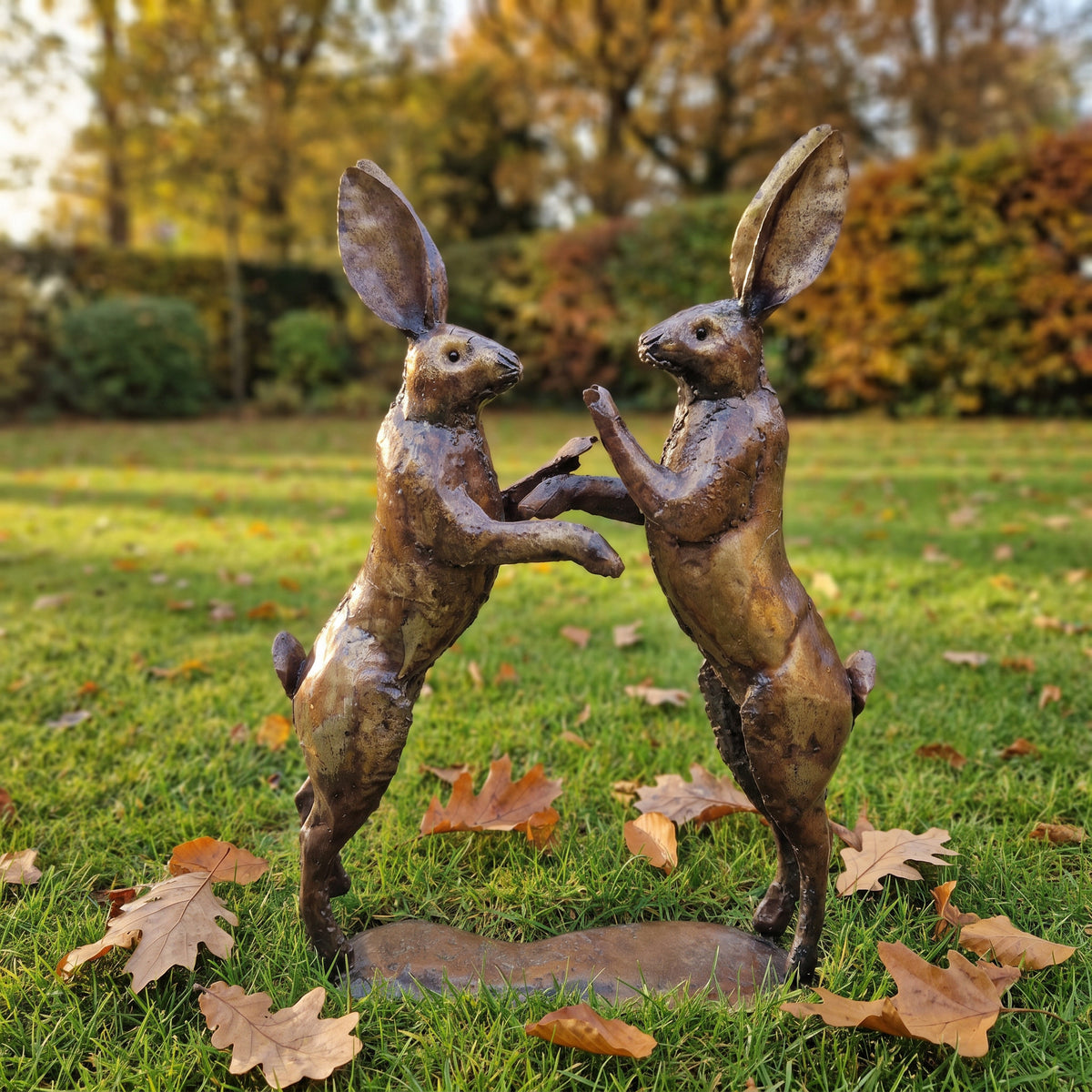 Boxing Hare metal sculptures on an autumn garden lawn