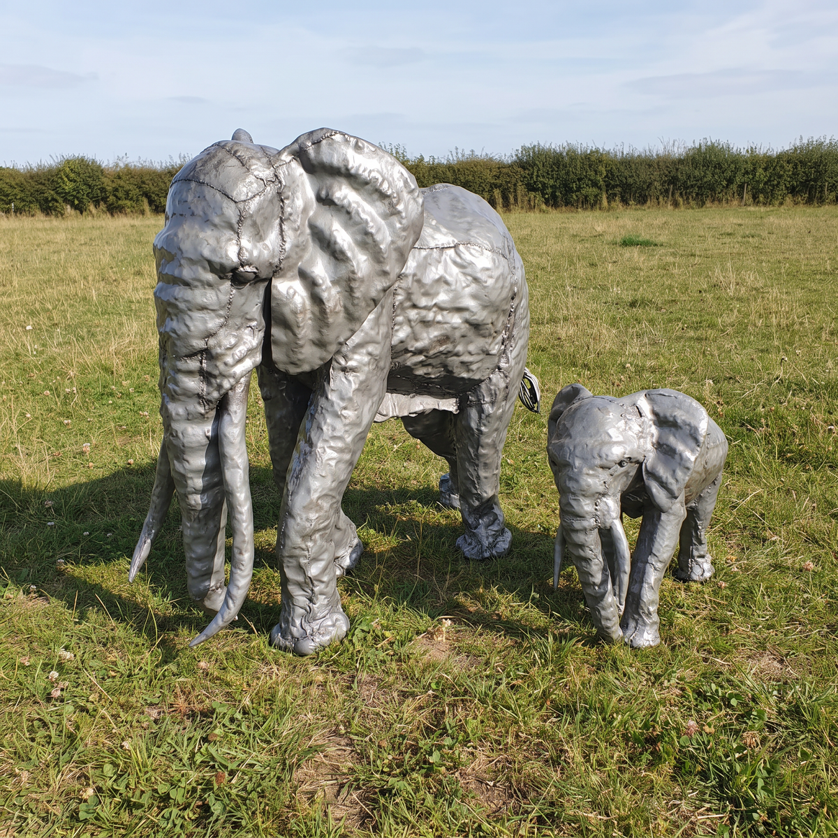 Silver-grey 4ft and 2ft elephant sculpture bundle, field front