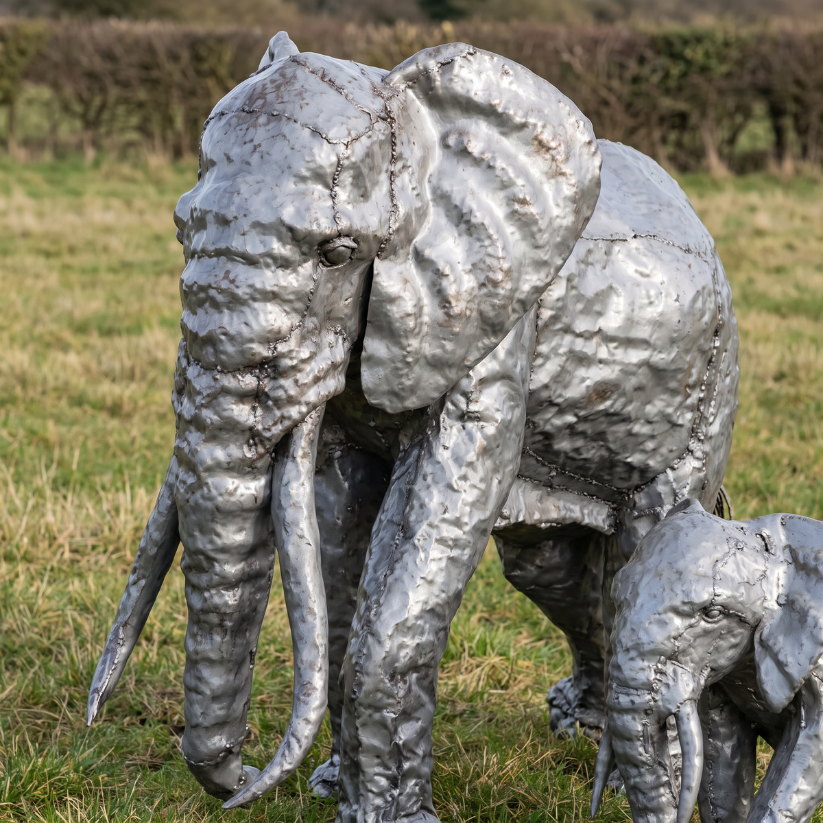 Silver-grey 4ft and 2ft elephant sculpture bundle, metalwork detail