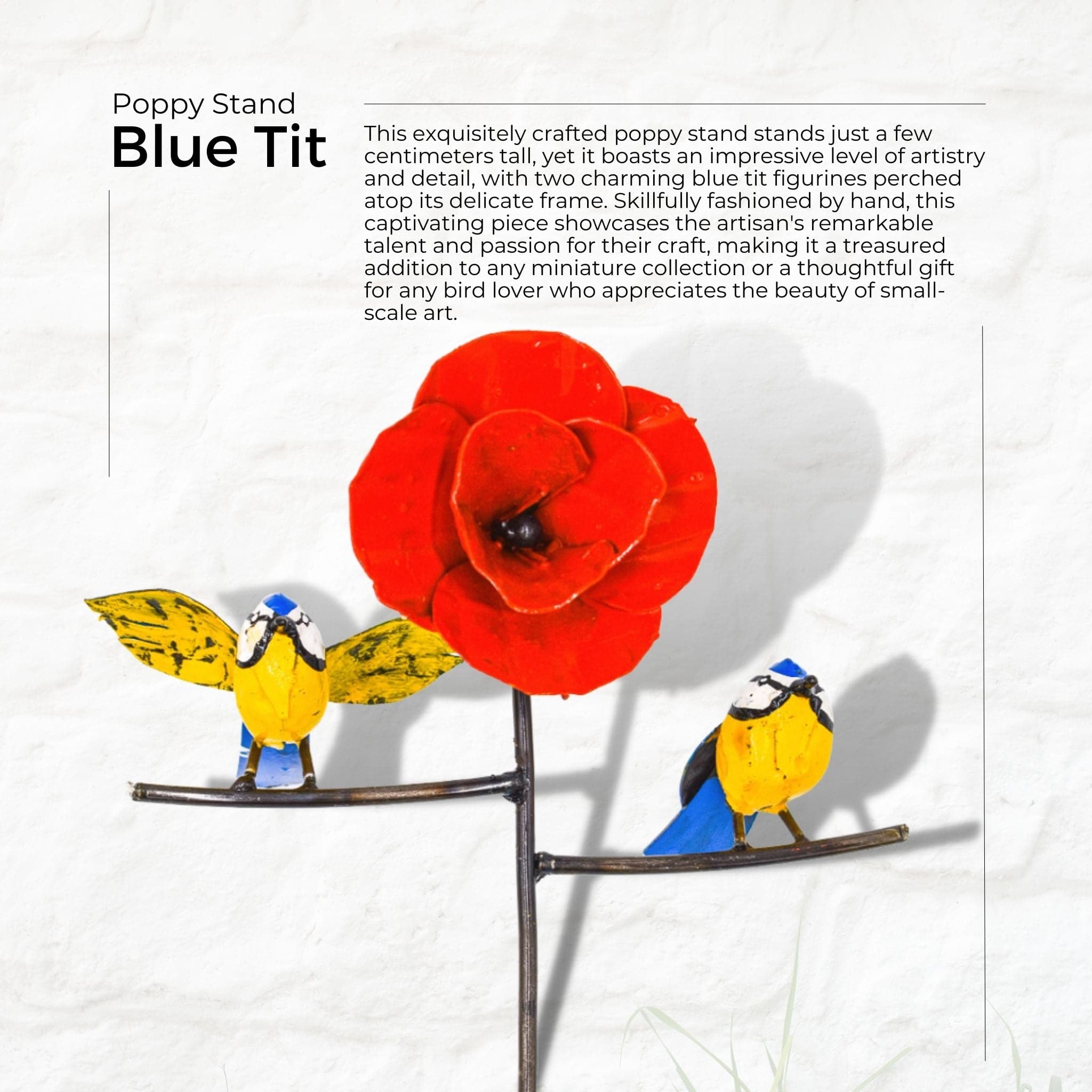 Painted Blue Tit Poppy Stand - Pangea Sculptures